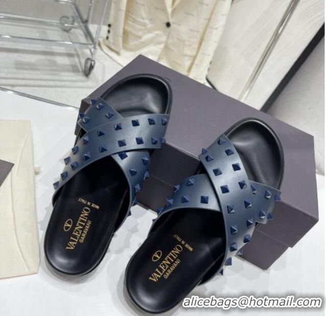 Best Price Valentino Roman Stud Turtle Rubger Slide Sandals Navy Blue 712048