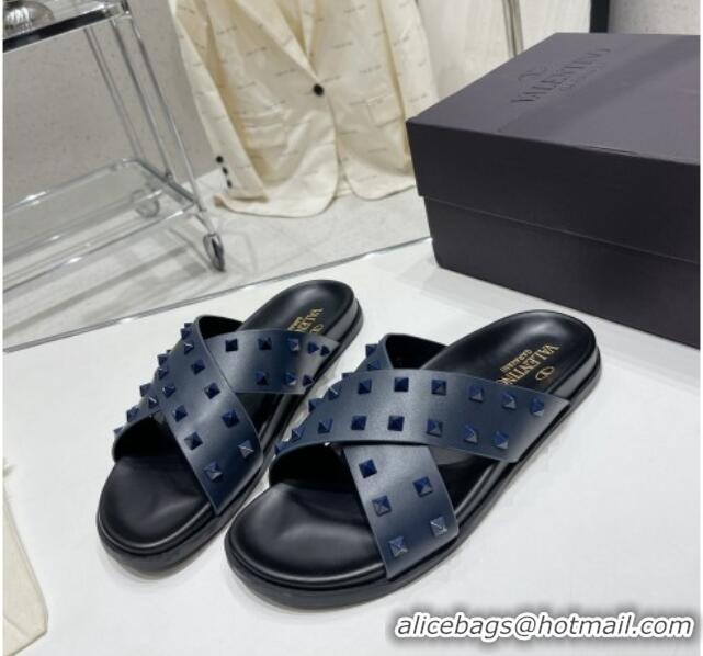 Best Price Valentino Roman Stud Turtle Rubger Slide Sandals Navy Blue 712048