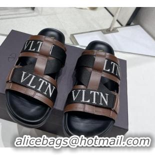 Luxury Valentino Slide Sandals in Leather and Fabric Brown 712050 