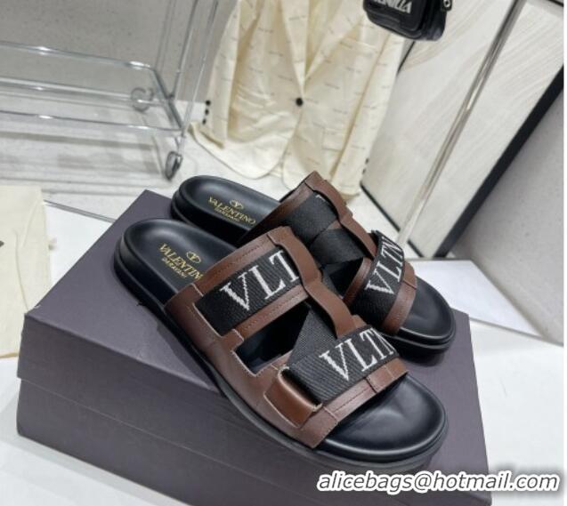 Luxury Valentino Slide Sandals in Leather and Fabric Brown 712050 