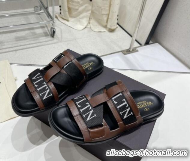 Luxury Valentino Slide Sandals in Leather and Fabric Brown 712050 