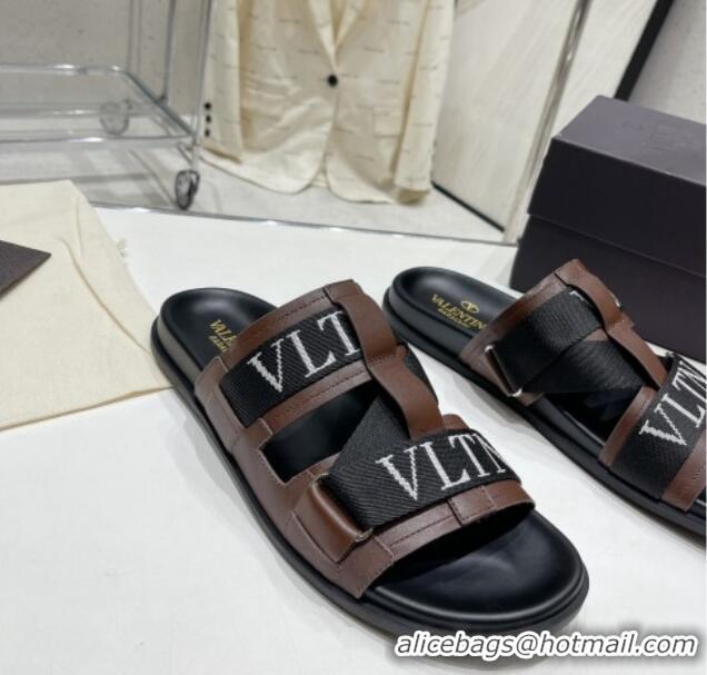 Luxury Valentino Slide Sandals in Leather and Fabric Brown 712050 