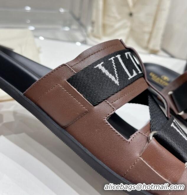 Luxury Valentino Slide Sandals in Leather and Fabric Brown 712050 