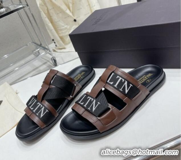 Luxury Valentino Slide Sandals in Leather and Fabric Brown 712050 