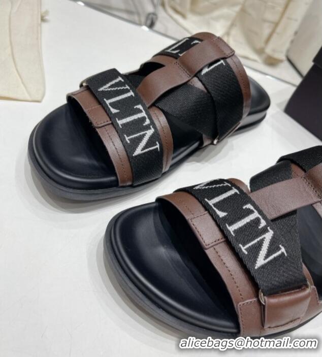 Luxury Valentino Slide Sandals in Leather and Fabric Brown 712050 