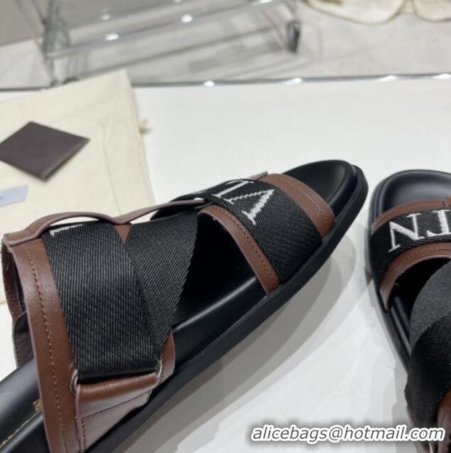 Luxury Valentino Slide Sandals in Leather and Fabric Brown 712050 