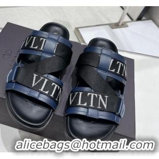 Good Quality Valentino Slide Sandals in Leather and Fabric Navy Blue 712051