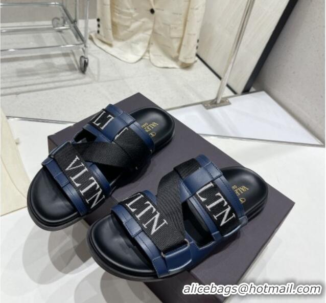 Good Quality Valentino Slide Sandals in Leather and Fabric Navy Blue 712051