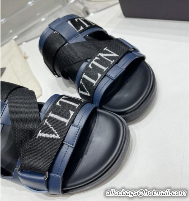 Good Quality Valentino Slide Sandals in Leather and Fabric Navy Blue 712051