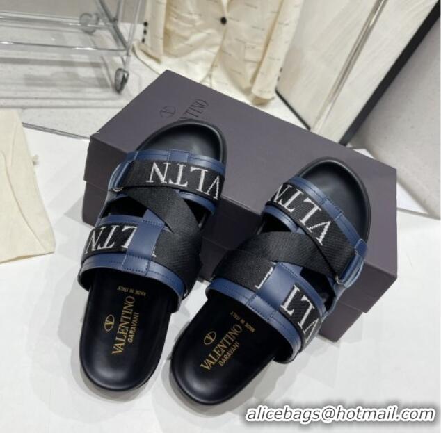 Good Quality Valentino Slide Sandals in Leather and Fabric Navy Blue 712051