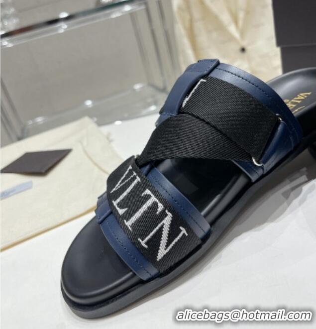 Good Quality Valentino Slide Sandals in Leather and Fabric Navy Blue 712051