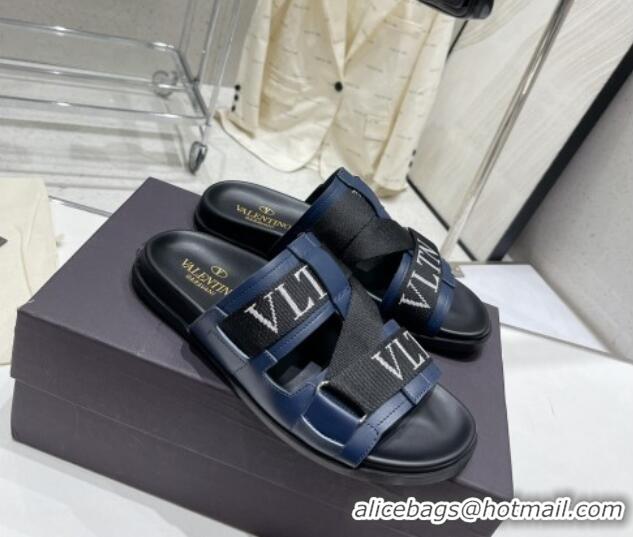 Good Quality Valentino Slide Sandals in Leather and Fabric Navy Blue 712051