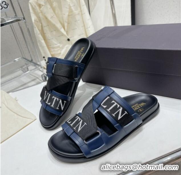 Good Quality Valentino Slide Sandals in Leather and Fabric Navy Blue 712051