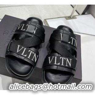 Stylish Valentino Slide Sandals in Leather and Fabric Black 712052