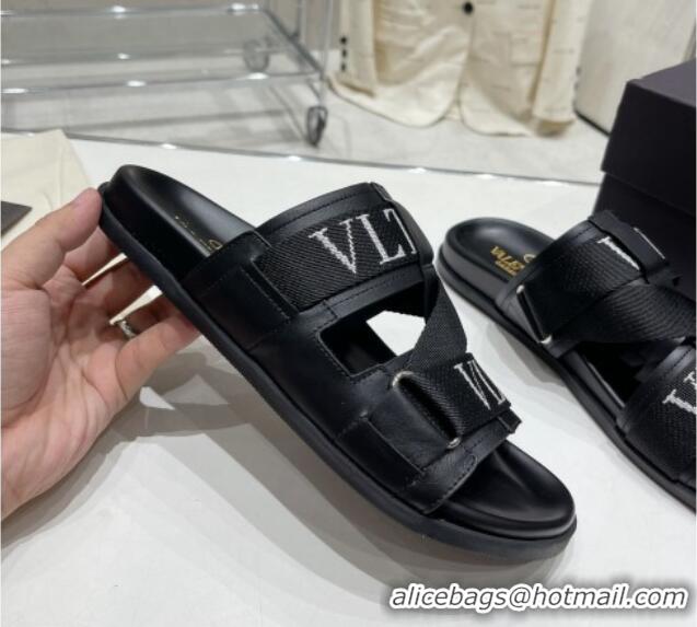 Stylish Valentino Slide Sandals in Leather and Fabric Black 712052