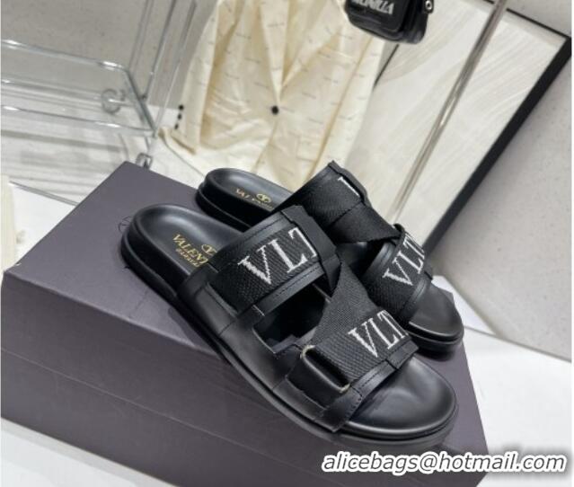 Stylish Valentino Slide Sandals in Leather and Fabric Black 712052