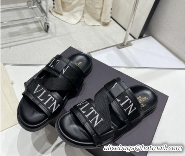 Stylish Valentino Slide Sandals in Leather and Fabric Black 712052