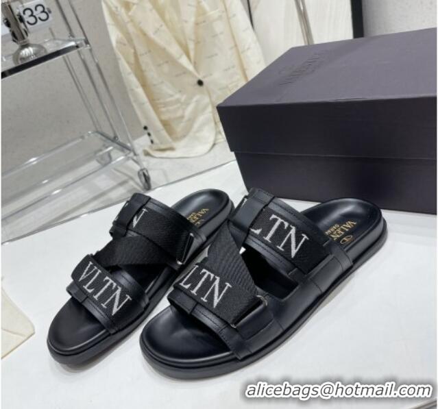 Stylish Valentino Slide Sandals in Leather and Fabric Black 712052