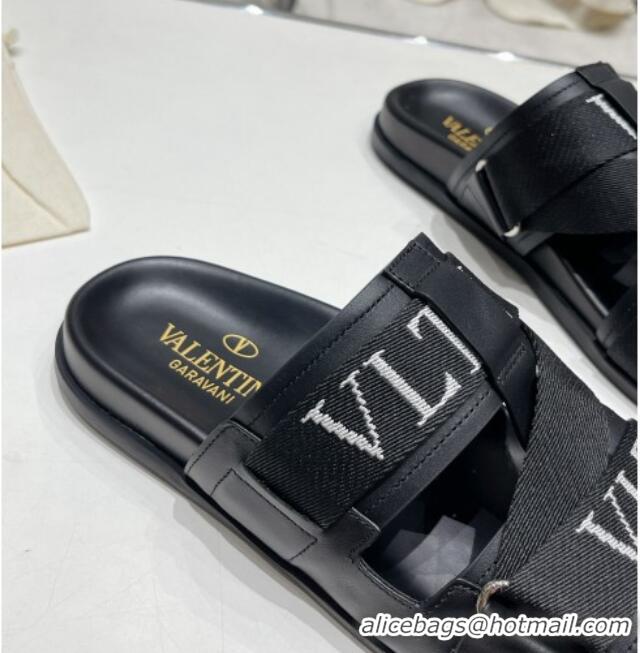 Stylish Valentino Slide Sandals in Leather and Fabric Black 712052