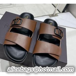 Shop Duplicate Valentino Vlogo Slide Sandals in Leather Strap Brown 712053