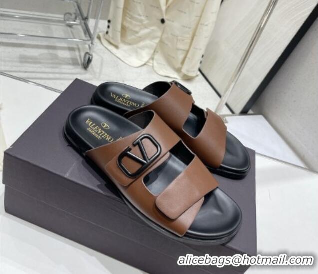 Shop Duplicate Valentino Vlogo Slide Sandals in Leather Strap Brown 712053