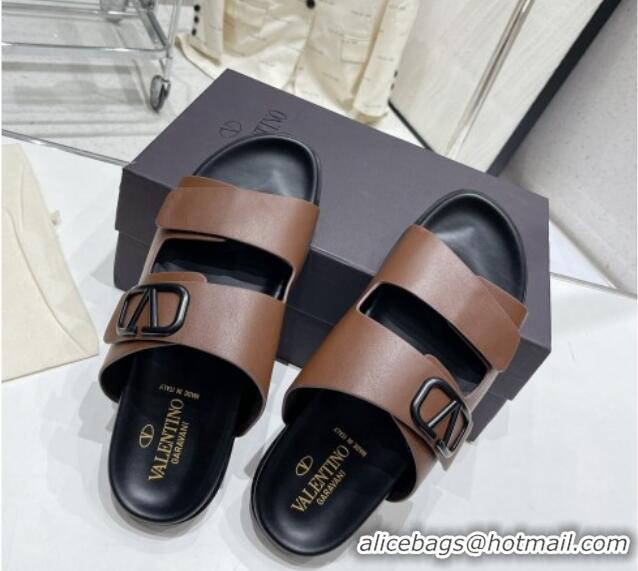 Shop Duplicate Valentino Vlogo Slide Sandals in Leather Strap Brown 712053