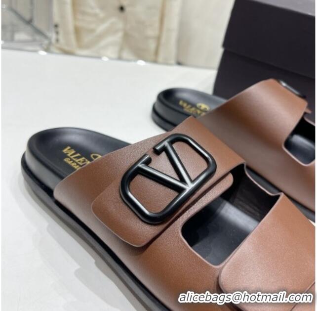 Shop Duplicate Valentino Vlogo Slide Sandals in Leather Strap Brown 712053