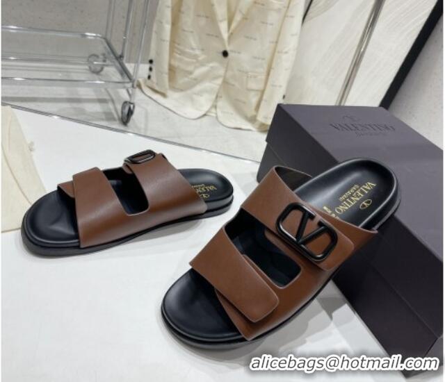 Shop Duplicate Valentino Vlogo Slide Sandals in Leather Strap Brown 712053