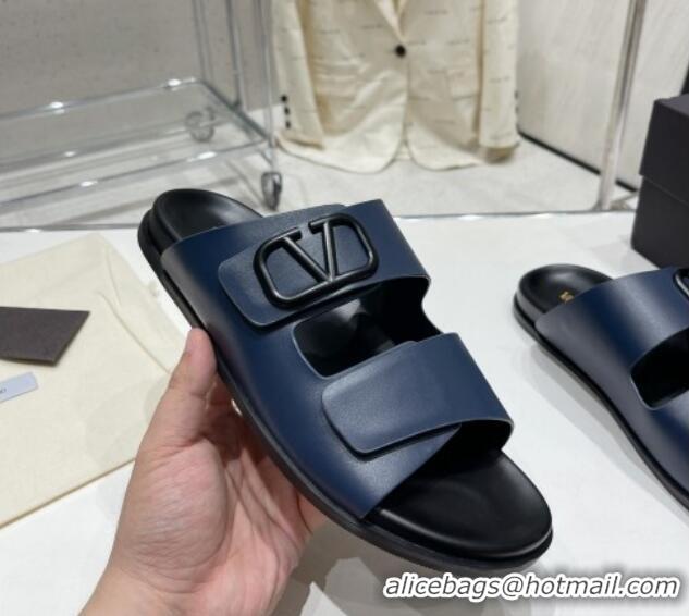 Perfect Valentino Vlogo Slide Sandals in Leather Strap Navy Blue 712054