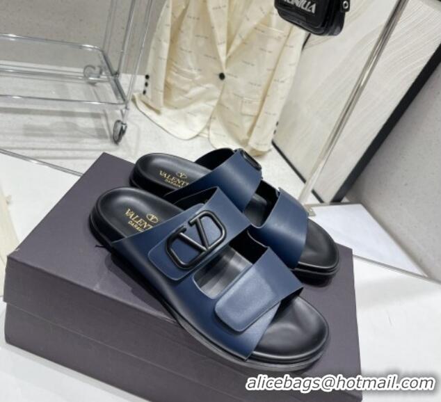 Perfect Valentino Vlogo Slide Sandals in Leather Strap Navy Blue 712054