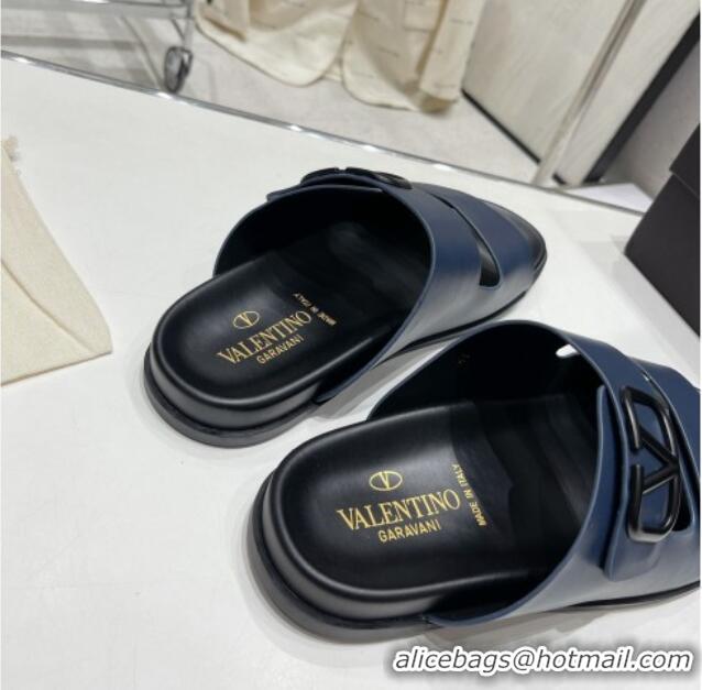 Perfect Valentino Vlogo Slide Sandals in Leather Strap Navy Blue 712054