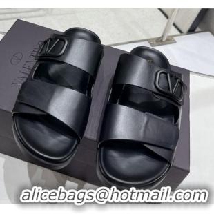 Good Product Valentino Vlogo Slide Sandals in Leather Strap Black 712055