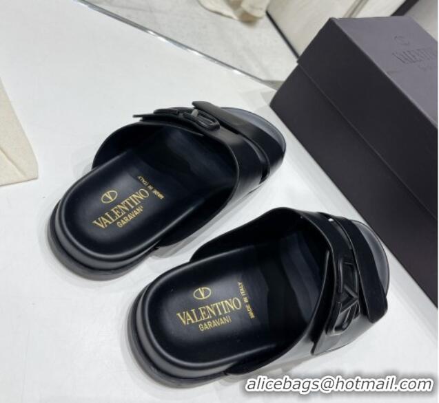 Good Product Valentino Vlogo Slide Sandals in Leather Strap Black 712055