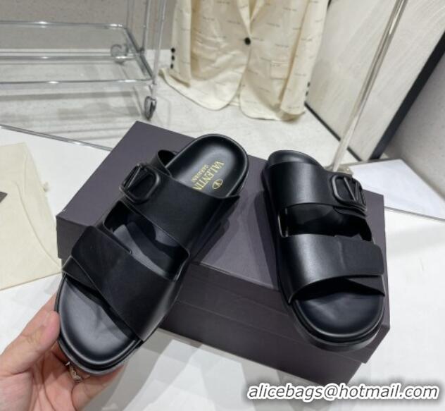 Good Product Valentino Vlogo Slide Sandals in Leather Strap Black 712055