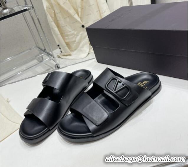 Good Product Valentino Vlogo Slide Sandals in Leather Strap Black 712055