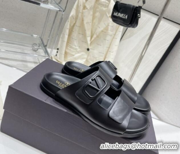 Good Product Valentino Vlogo Slide Sandals in Leather Strap Black 712055