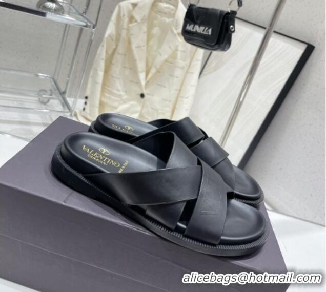 Sumptuous Valentino Slide Sandals in Logo Leather Cross Black 712056