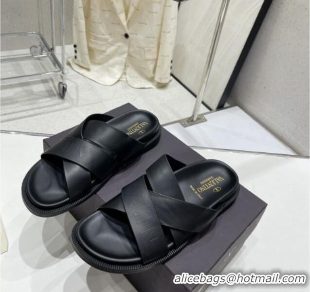 Sumptuous Valentino Slide Sandals in Logo Leather Cross Black 712056