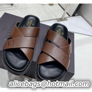 Duplicate Valentino Slide Sandals in Logo Leather Cross Brown 712057