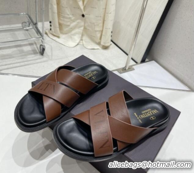 Duplicate Valentino Slide Sandals in Logo Leather Cross Brown 712057