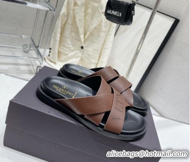 Duplicate Valentino Slide Sandals in Logo Leather Cross Brown 712057