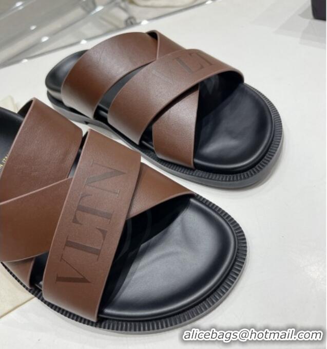 Duplicate Valentino Slide Sandals in Logo Leather Cross Brown 712057