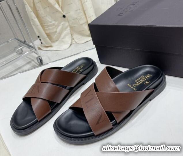 Duplicate Valentino Slide Sandals in Logo Leather Cross Brown 712057