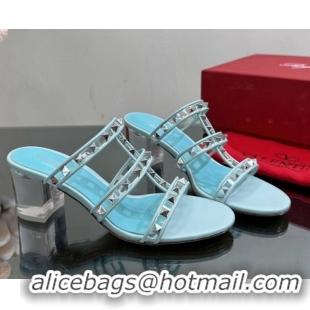 Charming Valentino Rockstud Heel Slide Sandals 6.5cm in Leather and Clear PVC Light Blue 725029