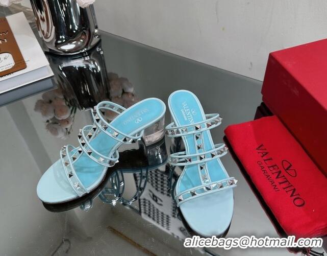 Charming Valentino Rockstud Heel Slide Sandals 6.5cm in Leather and Clear PVC Light Blue 725029