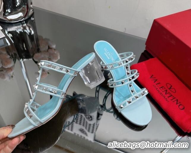 Charming Valentino Rockstud Heel Slide Sandals 6.5cm in Leather and Clear PVC Light Blue 725029