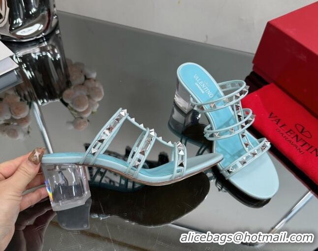 Charming Valentino Rockstud Heel Slide Sandals 6.5cm in Leather and Clear PVC Light Blue 725029