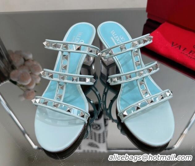 Charming Valentino Rockstud Heel Slide Sandals 6.5cm in Leather and Clear PVC Light Blue 725029