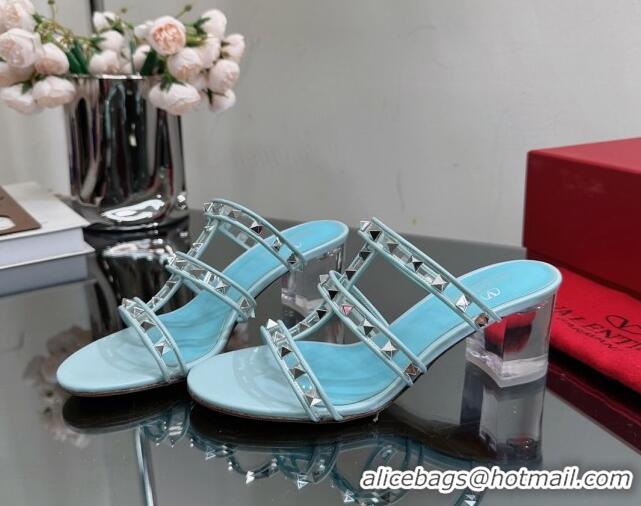 Charming Valentino Rockstud Heel Slide Sandals 6.5cm in Leather and Clear PVC Light Blue 725029