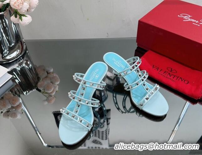 Charming Valentino Rockstud Heel Slide Sandals 6.5cm in Leather and Clear PVC Light Blue 725029